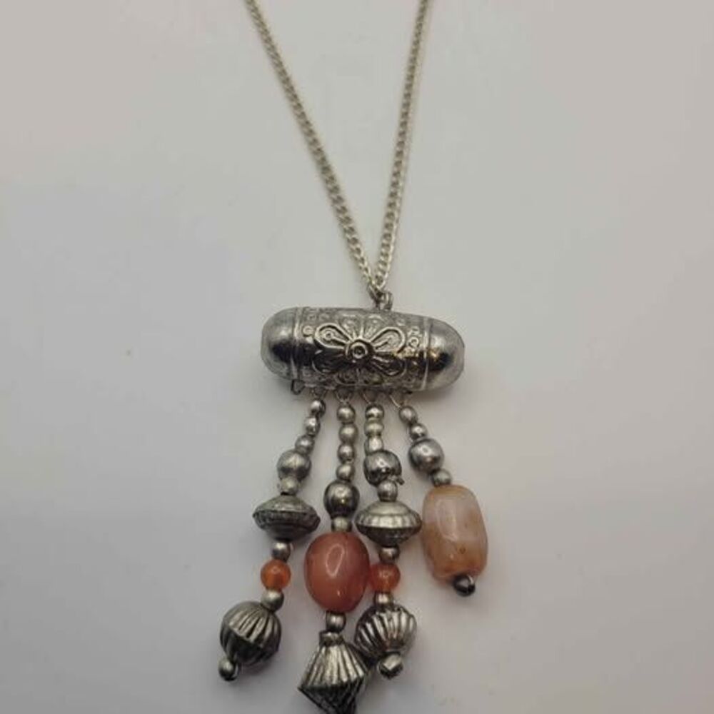 Tribal-Style Silver-Tone Tassel Pendant Necklace with Carnelian & Agate Beads